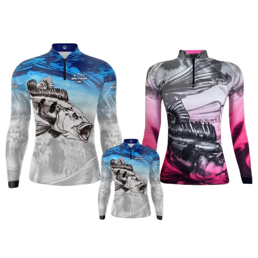 NF34FL - Camisa Camiseta Blusa de Pesca Família New Fisher Tucunaré - com proteção UV